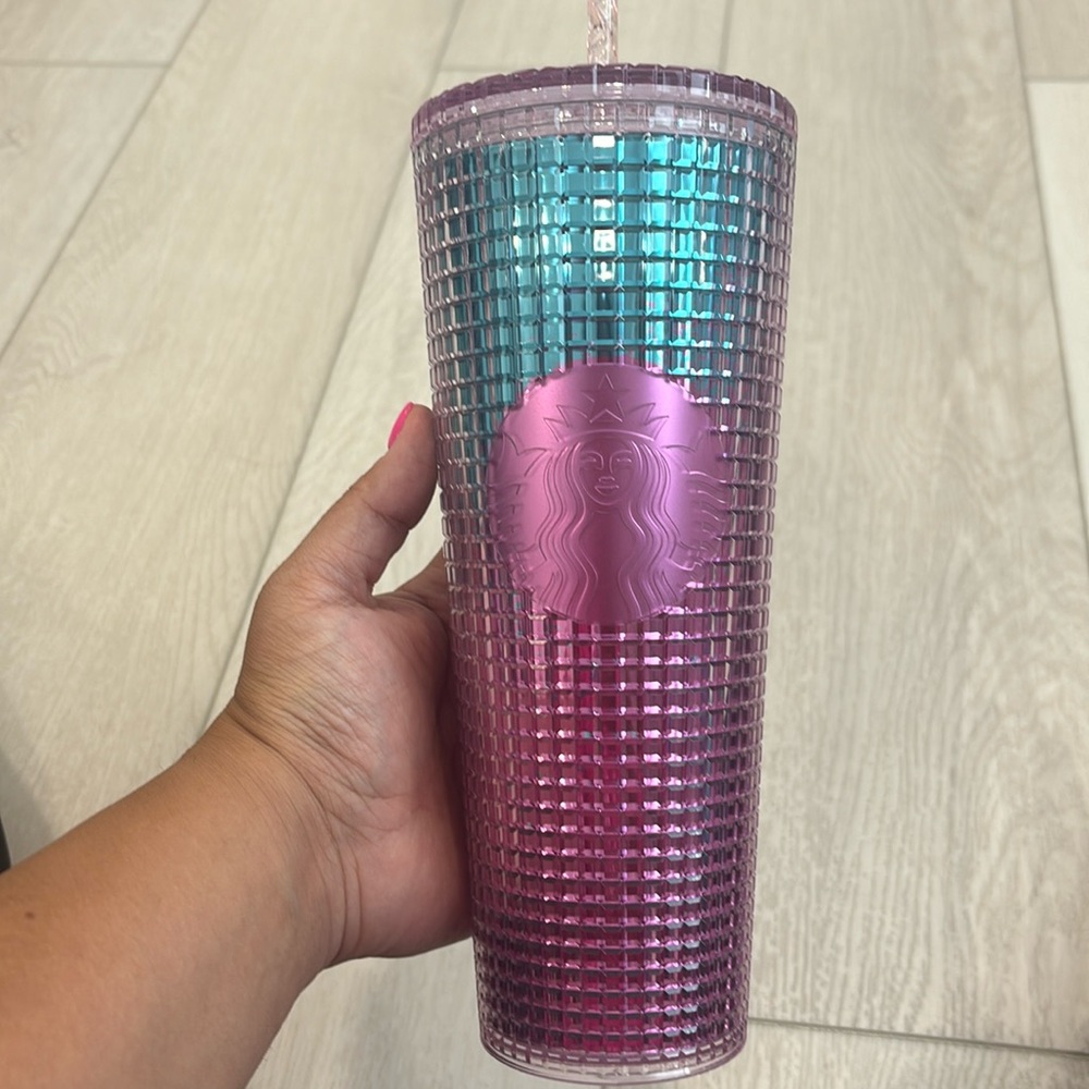 Starbucks blue and pink grid tumbler 24oz